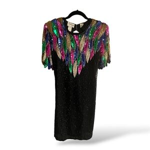 Silk Peacock Old Hollywood Runway Dress Knee-Length Vibrant Color-Burst Sequined